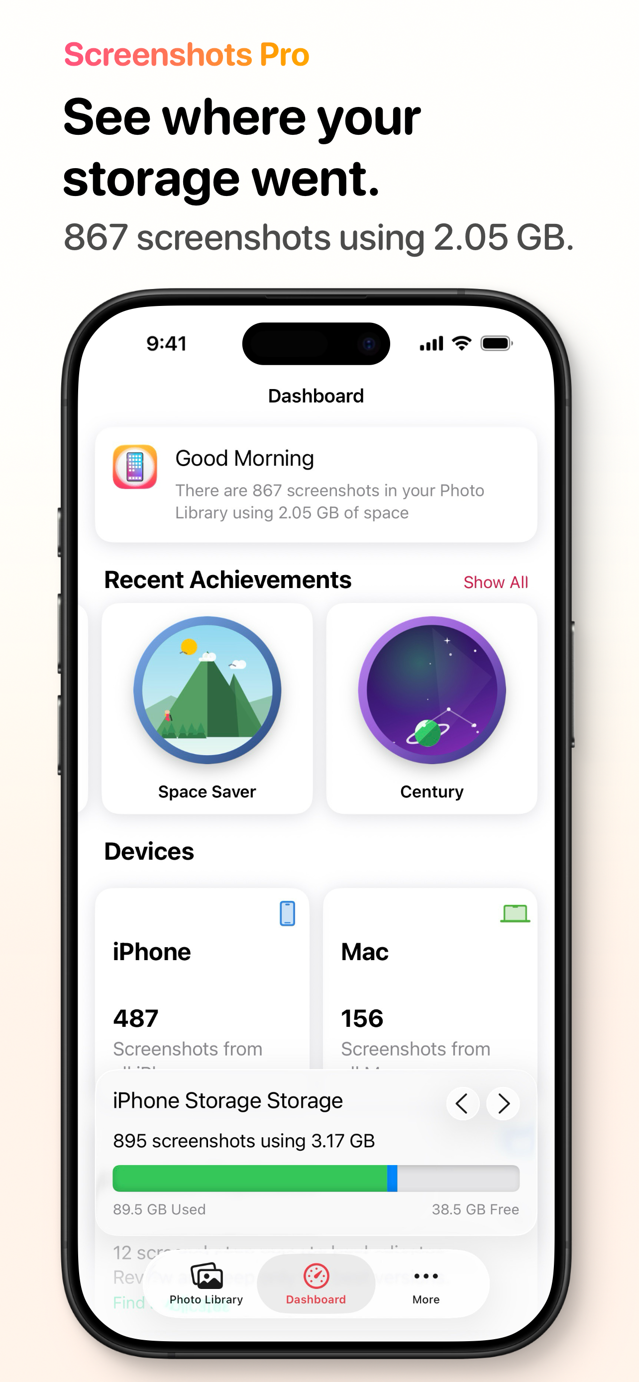 Dashboard with achievements and storage on iPhone