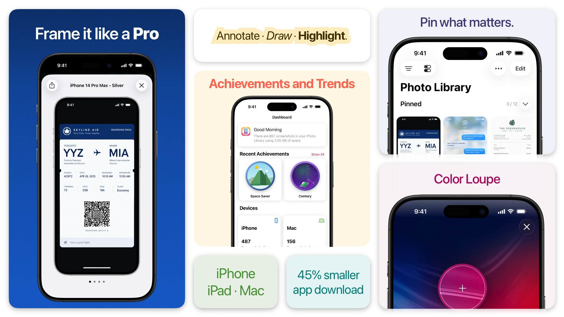 Screenshots Pro 2026.6 highlights: device frames, markup, Dashboard achievements and trends, pinned screenshots, Color Loupe, and 45% smaller downloads